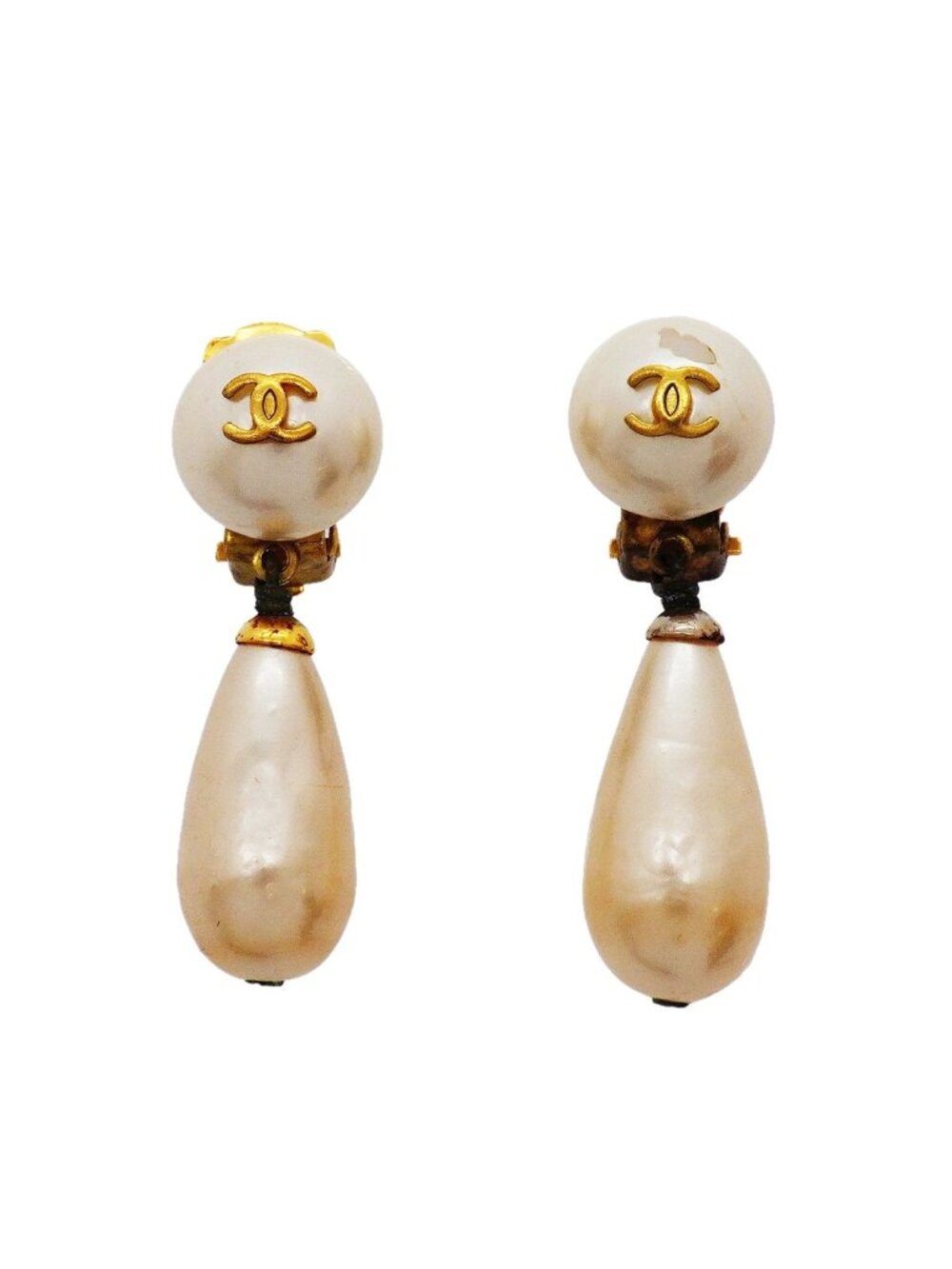 Chanel Earrings Vintage CC Logo Gold Plated Faux Pearl